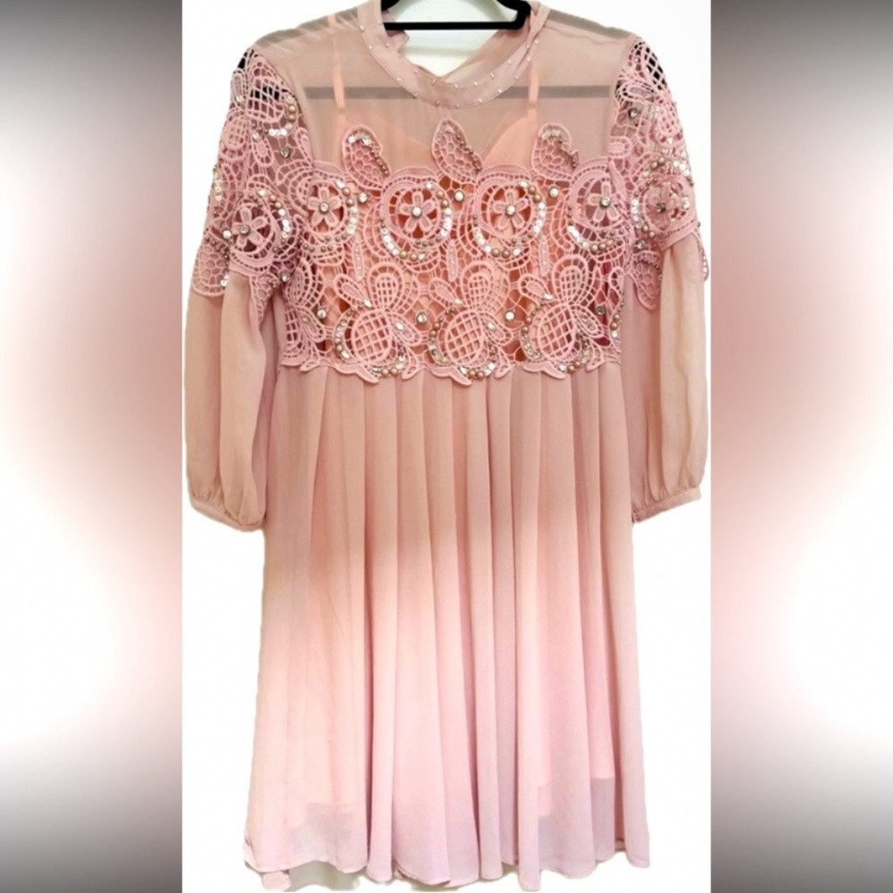 Pink bejeweled lace detail dress